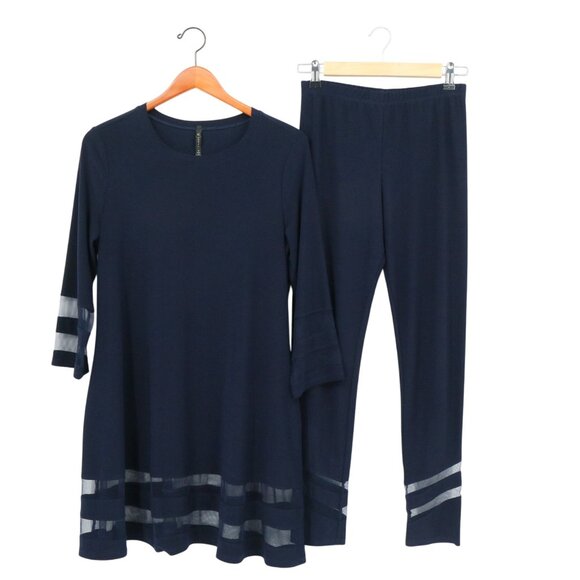 IC Collection by Connie Navy Soft Knit Mesh Trim Tunic Top Pants Outfit Set S - Picture 3 of 6